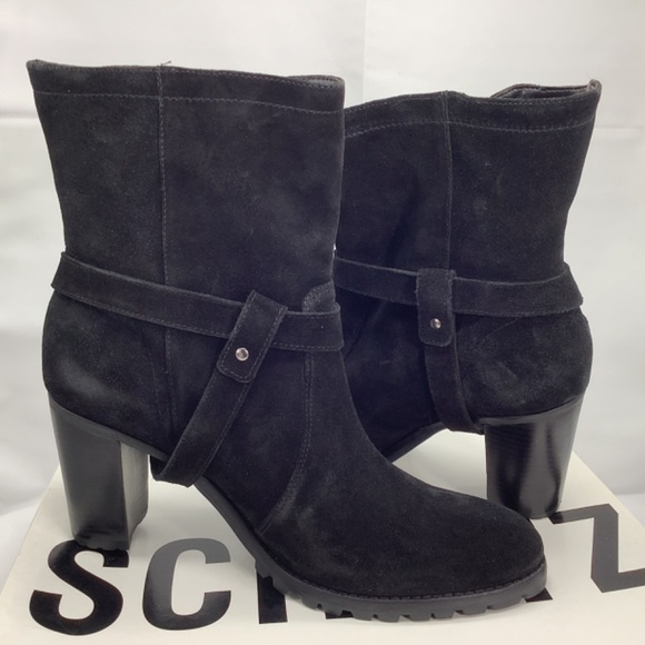 Nib Schulz Black Leather Suede Mid-Heel Lug Bootie Size 9B - Picture 3 of 10